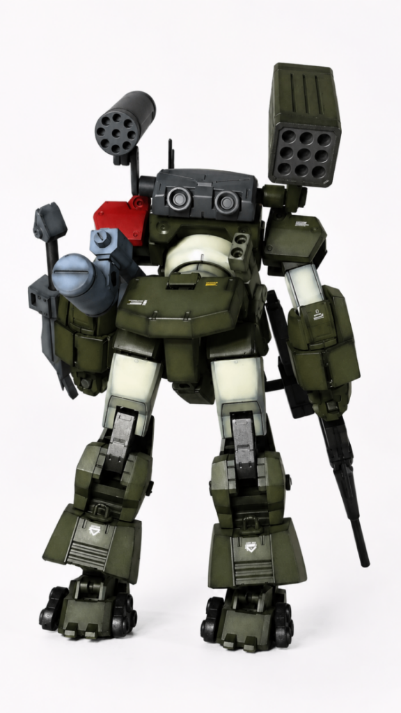 バックショットです。ちなみに現地で急遽取り付けた感を出したくて武器は全て違う色で塗装しました。左肩のロケットランチャーはかなりお気に入りです。