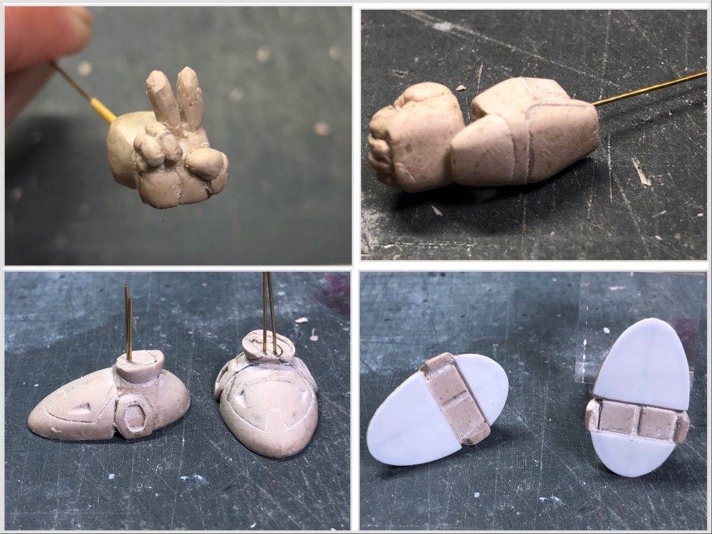 手足の制作途中です。足の裏（右下）は接地性を良くするためにプラ板を貼ってます。