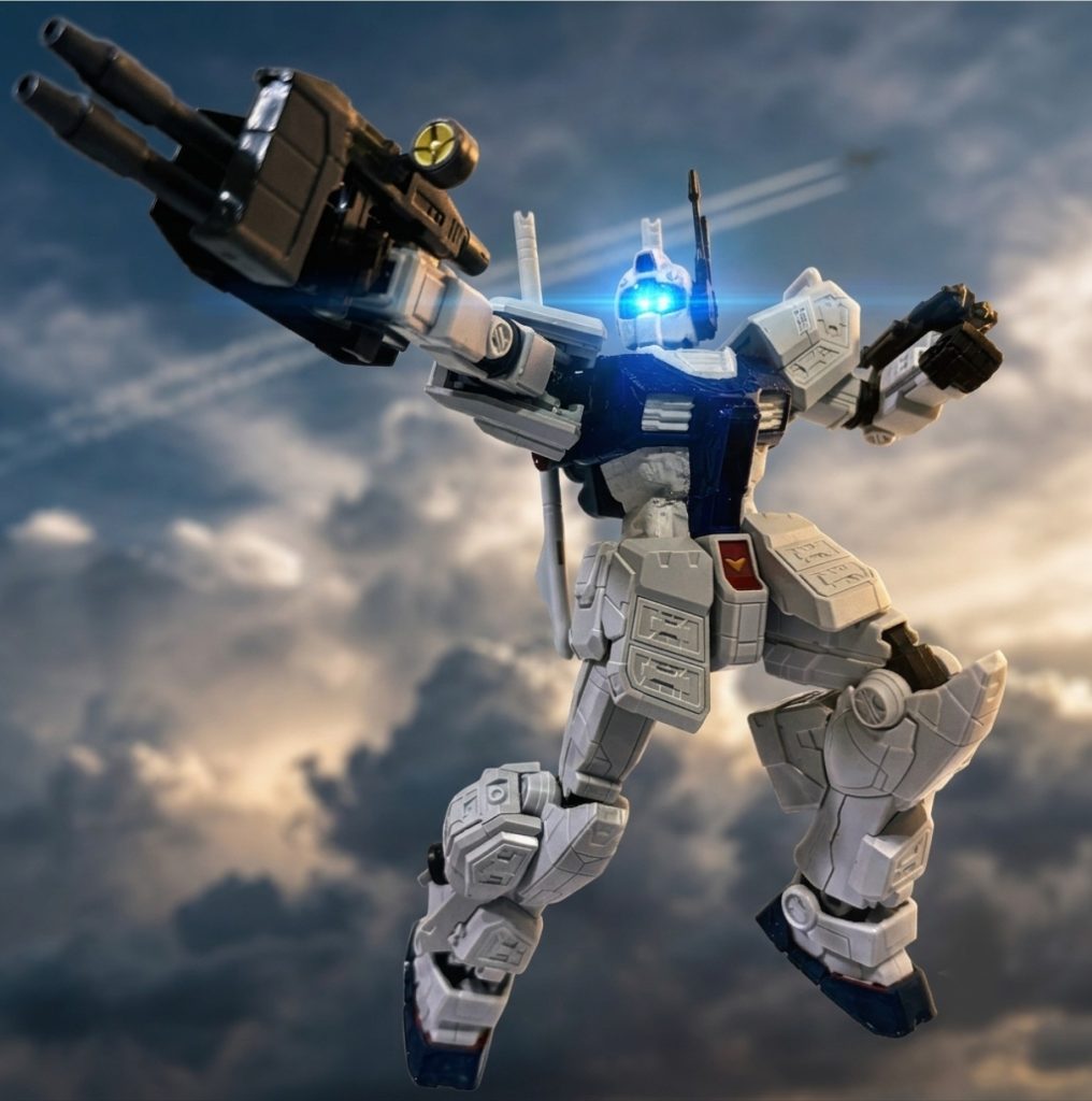空から敵を狙い撃ち。後ろに小さく写る戦闘機はGファイターである。