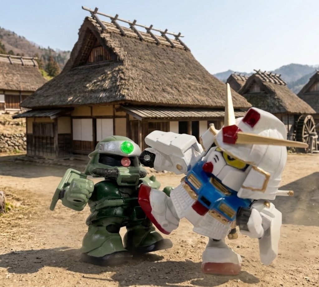 闇軍団の下忍である出弐無（デニム）と次印（ジーン）から彩土七（サイド・セブン）の村を守れ（蹴られてるのはジーンのザク(zaku-kao4)）！！下忍ザクは影忍者射殺駆をノーマルザクにリペイントし、ボールジョイント可動にしたもの。