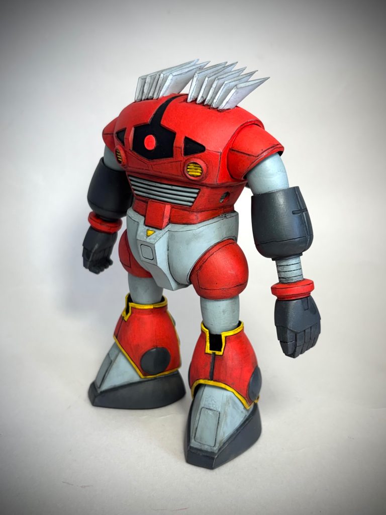 間接パーツも独特の作りでとても面白いキットでした。可動域は狭いのですが、完成すると不思議とカッコよい。何よりハの字で立つ姿が凛々しいです。改造してバリバリ動かしてもみたい、そんなキットでした。最後までご覧いただきありがとうございました。