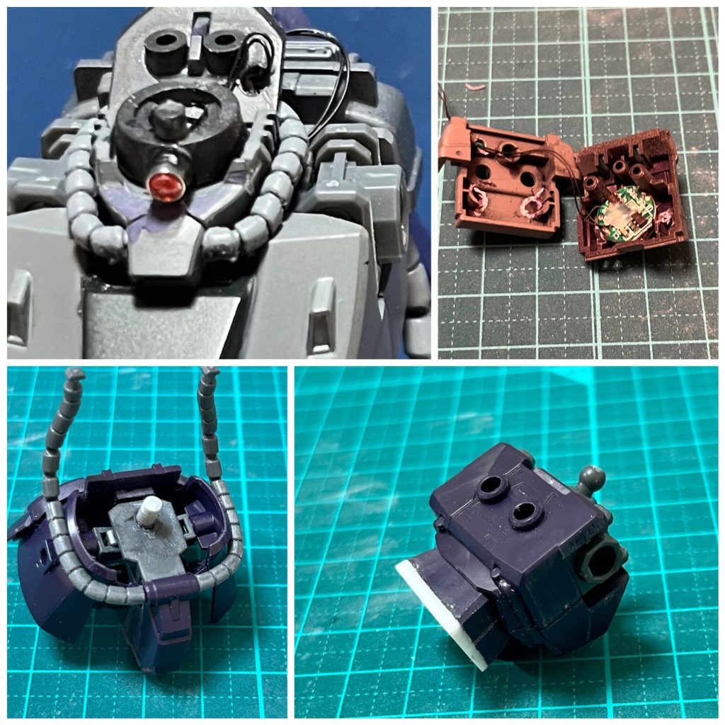 モノアイはLEDを仕込んで電飾しました。ボタン電池はバックパックの中を削って格納してます。腰の接続軸は、一度切断して、S字立ちが決まるように前傾で付け直してます。腰はプラバンを張り付けて延長。姿勢が前傾に決まるように、斜めに削りこんでます。