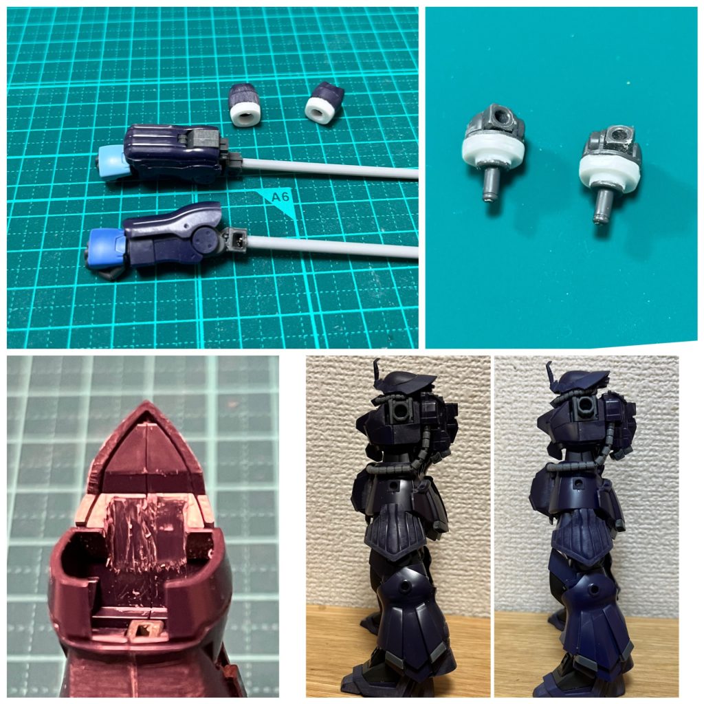 二の腕をプラ版を張って延長。腕の接続軸もプラ棒で作り直して延長。股関節と脚根本の接続のところで、プラ版で延長。足長にしてます。膝のウラ(左下の画)も、S字立ちが決まるように削り込みました。その結果、立ち姿がいい感じに決まるようになったと思います（自画自賛）