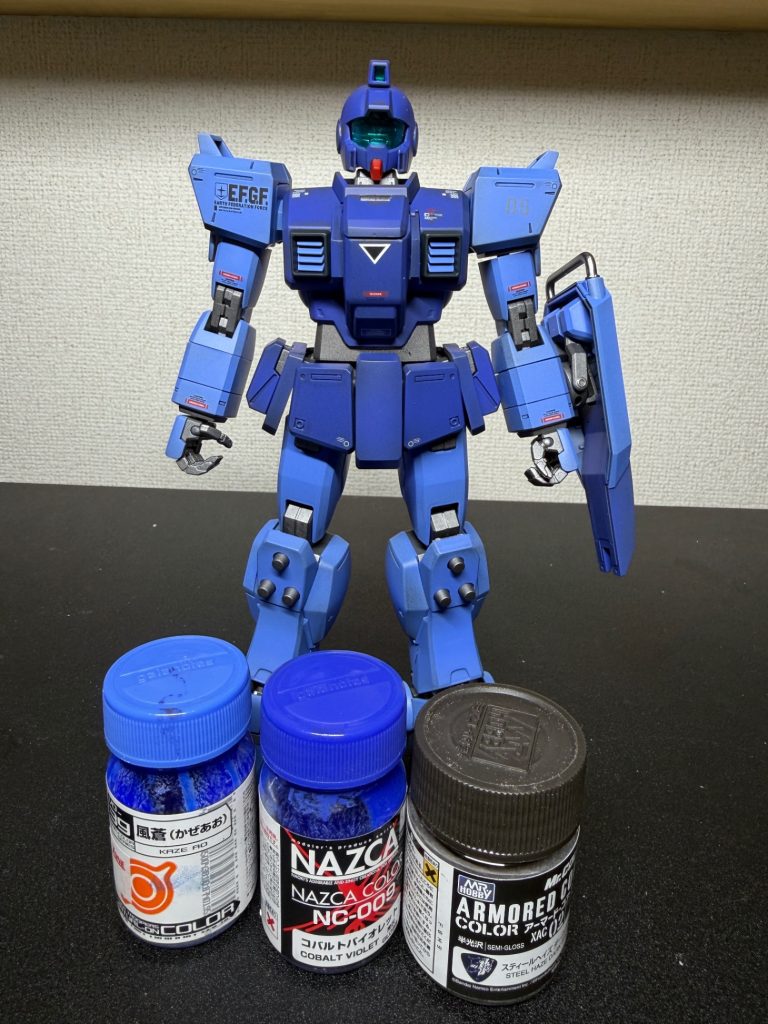 外装:(濃い青)黒サフ→コバルトバイオレット、(薄い青)黒サフ→風蒼、(紺)黒サフ→ミッドナイトブルーフレーム:ガンメタサフ，武器:黒サフ→スチールヘイズブラウン