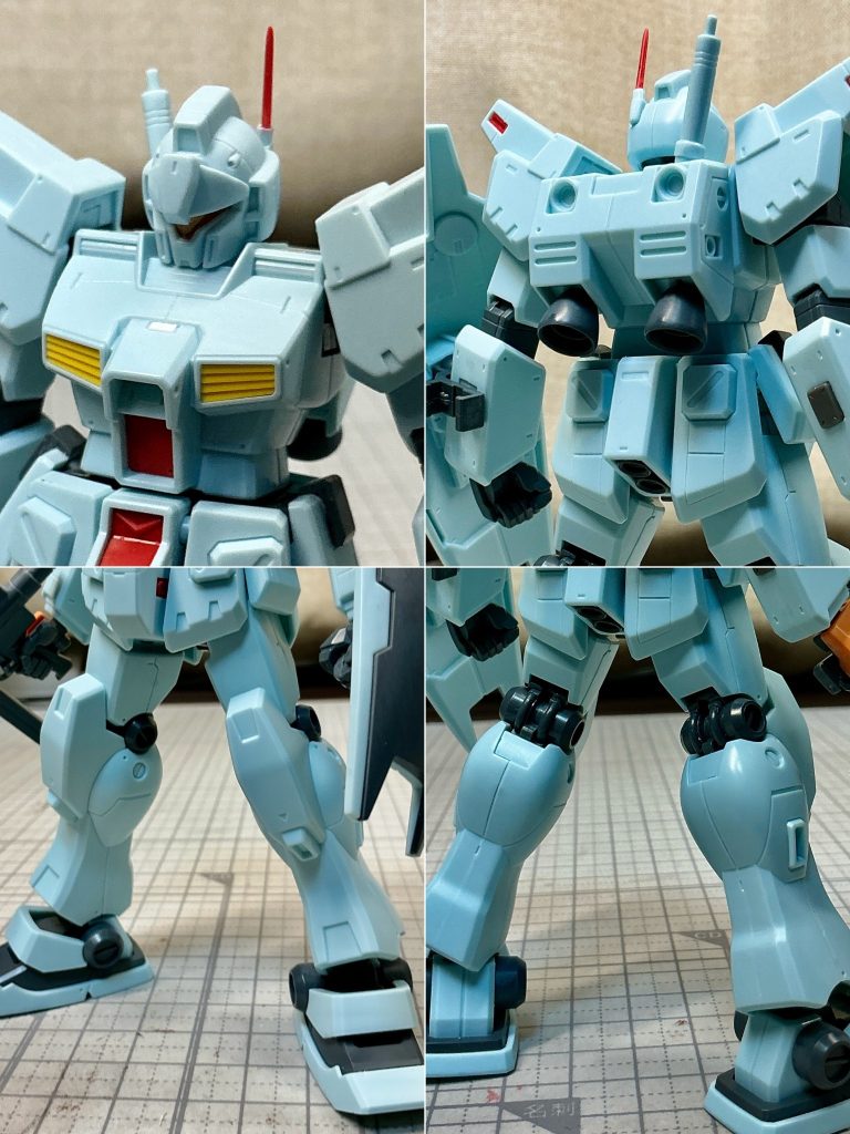 【塗装】- ライトグリーン1. グレーサフ＋マホガニーサフ で下地塗装2. ライムグリーン＋クリアブルー(少量)＋ クールホワイト でハイライト3. ライムグリーン＋クリアブルー(少量)＋ クールホワイト(追加) で追いハイライト- ダークグリーン1. 黒サフで下地塗装2. 暗緑色＋クールホワイト(少量) でハイライト- 赤1. ブラウンで下地塗装2. クールホワイト でハイライト3. クリアルージュでコート- 黄色1. ピンクサフで下地塗装2. 焔朱 を塗装3. エヴァイエロー でハイライト- グレー1. 黒サフで下地塗装2. ニュートラルグレーⅣ+ニュートラルグレーⅢ でハイライト- シールドブラック1. 黒サフで下地塗装2. NATOブラック+クールホワイト(少量)でハイライト- スラスターノズル1. 黒サフで下地塗装2. メタリックグレー＋ダークアイアンで塗装- 墨入れ1. ライトグリーン：Mr.ウェザリングカラーのフェイスグリーン2. ダークグリーン/グレー：エナメル ブラック3. 赤/黄色：エナメル ブラウン- ウェザリング1. シャドウ/エッジ部分に 軽く4B鉛筆でラインをなぞる2. シャドウ/エッジ部分に アクリルガッシュ：ランプブラック＋ミキシングホワイト で 軽くスポンジチッピング