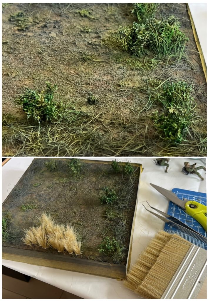 ベース塗装の仕上がりと草の植え込み。豚毛?かと思いますが毛先の尖った刷毛を使用しました。草の植え込みは根気がいる作業です😭この後、デイトナグリーンと機内部色で草を塗装。