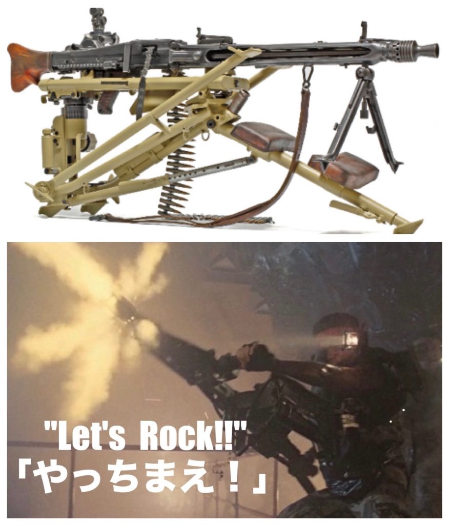 MG42重機関銃は通常三脚に設置して使用しますが人が持って発砲する為にサポートアームで腰に固定しています。MG42を腰に構えた姿勢で目標に照準を合わせる為に機関銃の照準スコープからの映像を右目に装着する小型モニターに映し出す仕組みでそれぞれをコードで繋げています。