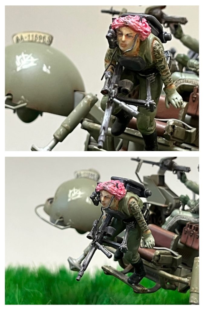 フィギュアの塗装です。1/35フィギュアは白目だけでも良いとarmormodelingに記載されていましたがアップにすると気になってしまいブルーでぼかして瞳を薄らと入れています。濃く瞳を入れてしまうとビックリ目になっちゃうヤツですね…気を付けないとです😅目の周りの窪みや唇にピンクブラウンの墨入れ材を薄らと差しています。