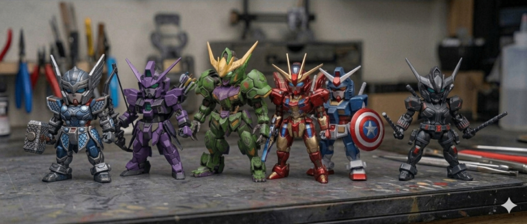 ジェミニくんがあまり効いてくれなかったけど、ソーはMGSDウイングガンダム、ホークアイはSDW ロビンフッドガンダム、ブラックウィドウは SDCS F9ノ1改（似てねっ！）。なぜかF9ノ1改ちゃんがずれてたので、みんなを並べてって頼みましたが、ジェミニくんが完全スルーをしてこうなりました：