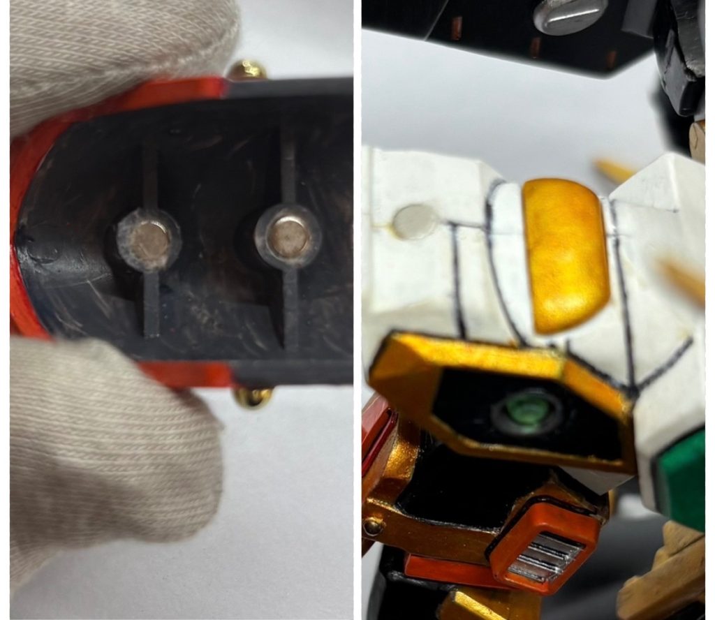 肩アーマーには磁石を使っています。スライド時の空き部分には、カバーを付けました。