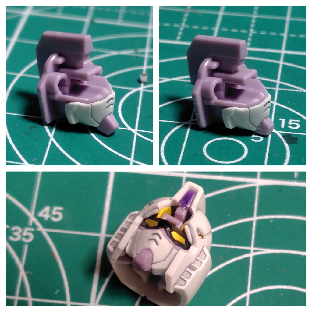 アゴの大きさが気になったので削って一回り小さくしてます。ツインアイはブラックとゴールドのマーカーで塗り分け。バルカンとメインカメラも。