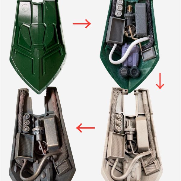 こんにちは🙂エアブラシ塗装後、筆でフィルタリングしてトーン調整　シャドーも入れました♪残りはデカールをどうするかで1週間くらい悩んで、イマイチ似合う物が無かったので筆で書いちゃいました😄Excelで何パターンか作って好みの物をステンシル的に赤で塗ってから白を筆で影の様に書き込みました🖌️併せてジオンマークも筆で書いてみました。リアアーマーの中身、ピーマンの肉詰めも塗装して完成です🫑組んじゃうとあまり見えなくなってしまうので単品で記念撮影しておきました🫑📷（5枚目）