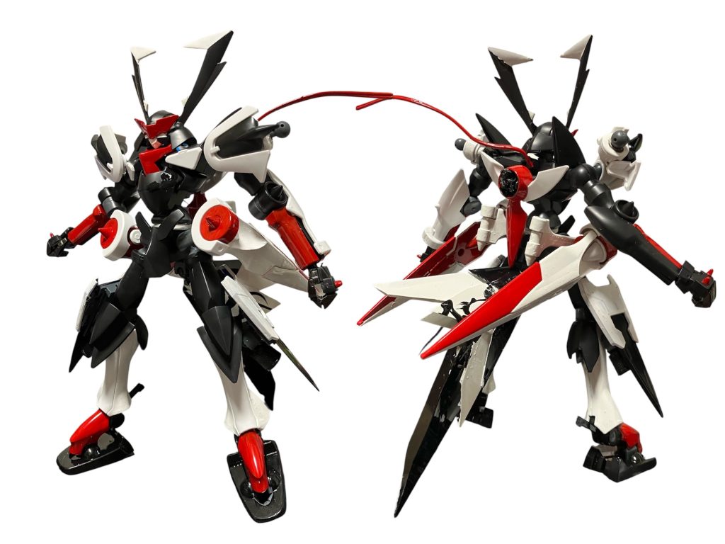 スサノオ・スコル。スサノオをFキングの同僚だったパラソーシャル「カーム・スコル」のパーソナルカラーに寄せつつ、狼の尻尾を模したGNテールスラスターを追加した機体です。