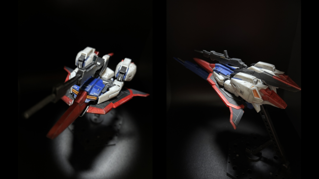 このZガンダムは差し替えで変形します(zaku-kao2)（専用パーツに差し替えなので、ほぼ付け替えです。取り残された頭とボディがとても寂しそうw）ウェイブライダーめちゃめちゃカッコいいですよね✨ハイパーメガランチャーも取り付けられます（一気に長くなるw）