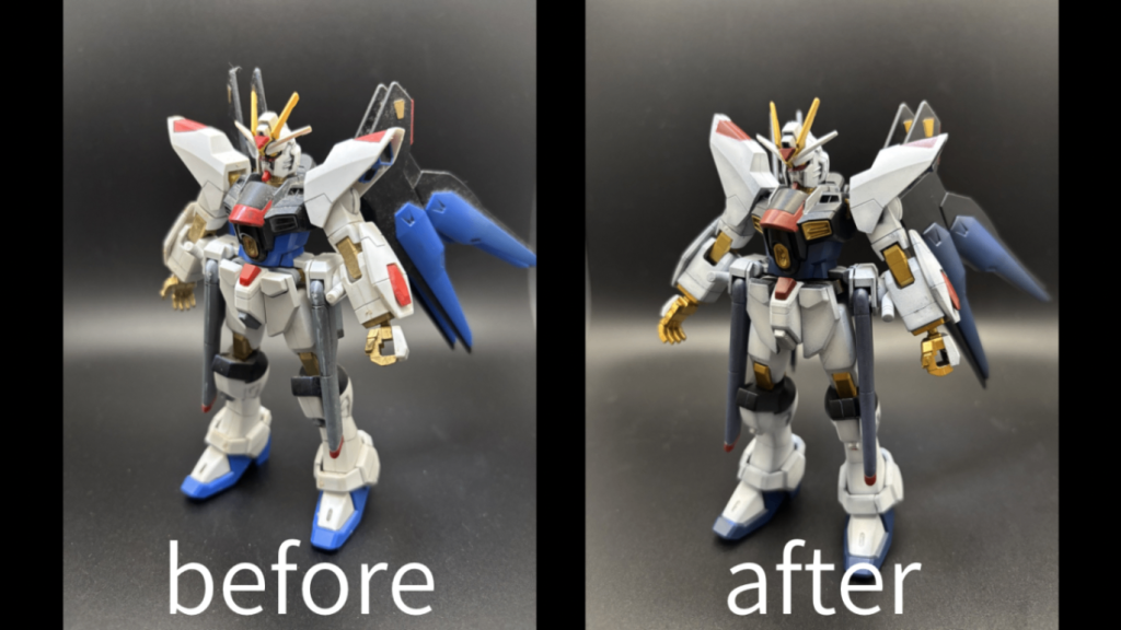 ここからはいつものように完成したキットの紹介(gundam-kao6)HGストライクフリーダムガンダム（2005年発売の旧キット）今回のテーマは「旧キットを救う」エアブラシのみでどこまでできるかというのがサブテーマ。色味を抑えて黒立ち上げのグラデーション塗装で、半光沢のトップコートで仕上げました。プロポーションの改修はしてません。（僕にはその技術がありません(zaku-kao4)）写真じゃ伝わりづらいのですが、かなり落ち着いた雰囲気になっていい感じです(gundam-kao3)