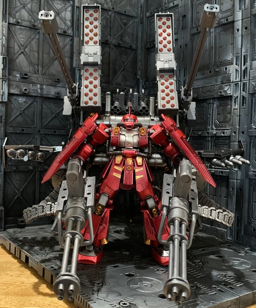 塗装レシピ赤部：銀サフ→GXメタルレッド濃い赤部：銀サフ→GXメタルブラッディレッドフレーム、バックパックの黒部：サフ→スタブラアイアン金部：サフ→スタブラゴールド武器部：ガンメタサフ