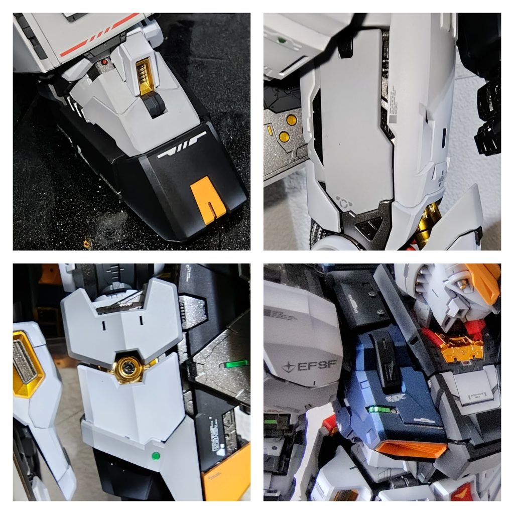 各部の装甲をちょーっとだけ切り欠きました。・足装甲の上部(赤い丸の3Dメタリックシールが露出しているあたり)・大腿部前面装甲と側面ライトグレー装甲の隙間をわずかに拡大・前腕部の装甲の隙間を1mmくらい拡大。下側のパーツをカットしました。・胸部上面の太めのモールドを切り欠き、中にメカパーツを仕込みました。サイコフレームっぽいメタリックグリーンに塗りました。もともとは、せっかくのカッコいい内部フレームが見えなくなるのが残念だったのと、イボルブ版νガンダムが好きだったので、装甲を露出させまくりたかったんですが、取付構造を維持したまま切り欠くのが存外に難しく、ささやかなものになりました。