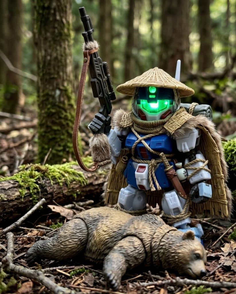 クマを仕留めたシーン。クマはアニアというおもちゃを加工したもの。SDガンダムとはいえ、大きさの概念は無視してほしい・・・(gundam-kao10)それから東北地方を旅行で訪れる際は、本物のクマにご用心(zaku-kao10)