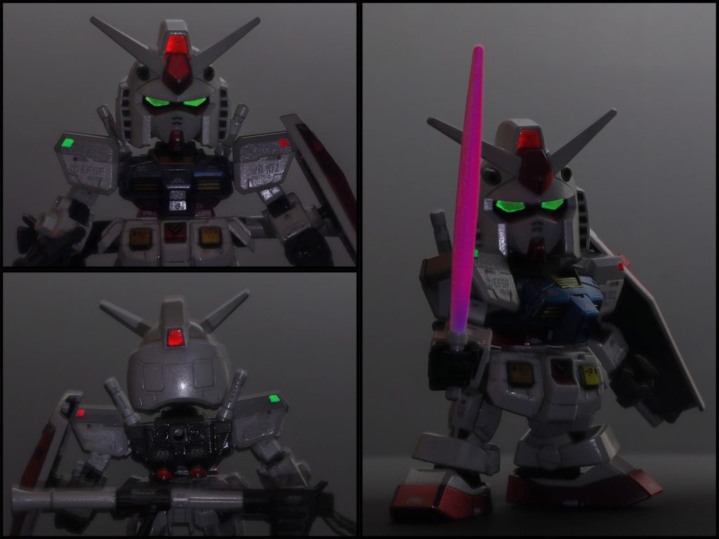 ギミックエナメル蛍光カラーを使用して、UV（ブラック）ライトによるセンサーや目が発光します。
