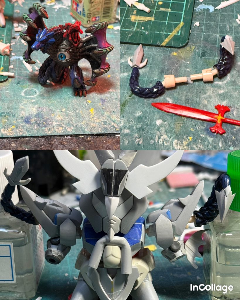 肩から伸びるドラゴンテールは謎のドラゴンフィギュアから尻尾を頂戴して、プラ版で作った剣先と組み合わせました。