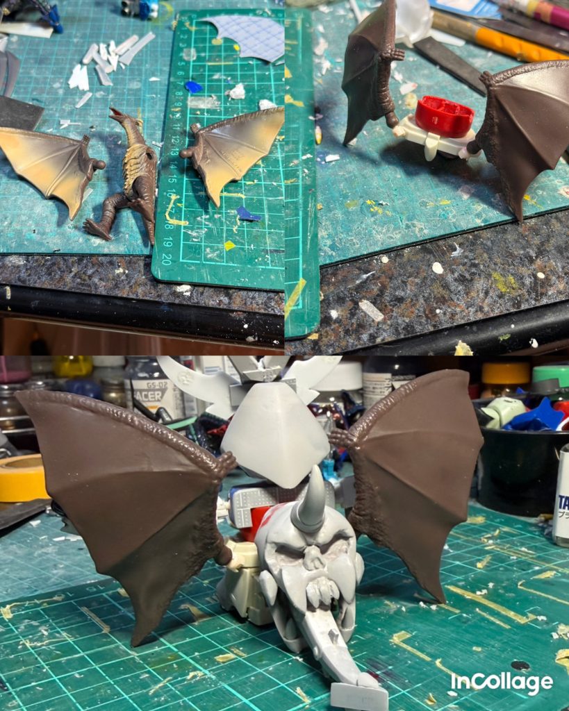背中の羽はゴジラフィギュアのラドンから流用しました。羽を取られたラドンから哀愁が漂います。フカヒレを取られたサメのようです(zaku-kao4)