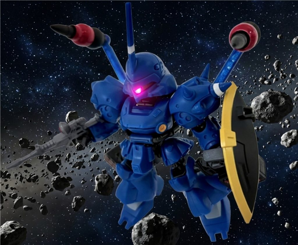 いちおう俺設定としては、「あぶないガンダム」において月のグラナダで建造されたケンプファーをニュータイプ用のテスト機にチューンアップしたもので、背中に試作型ビットと脚部にはミサイルポッド、ゲルググのビームライフルとシールドを装備させている。ビームサーベルも主武装に加えられ、機動性も向上している。