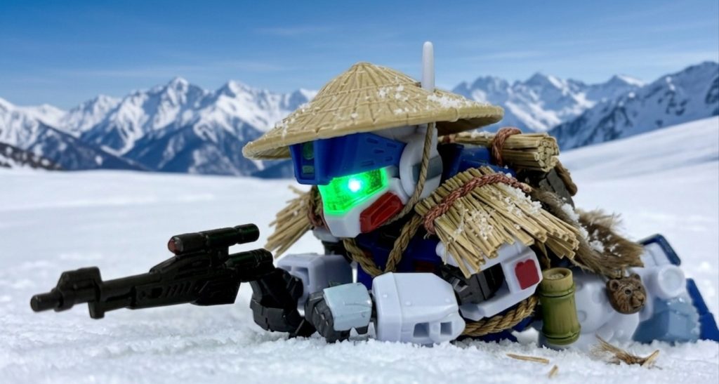 寝そべってゴルゴ13のように獲物を狙うカット。モビリティジョイントで寒冷地仕様のGMが出たら、同じように仕上げても良いかも(zaku-kao5)