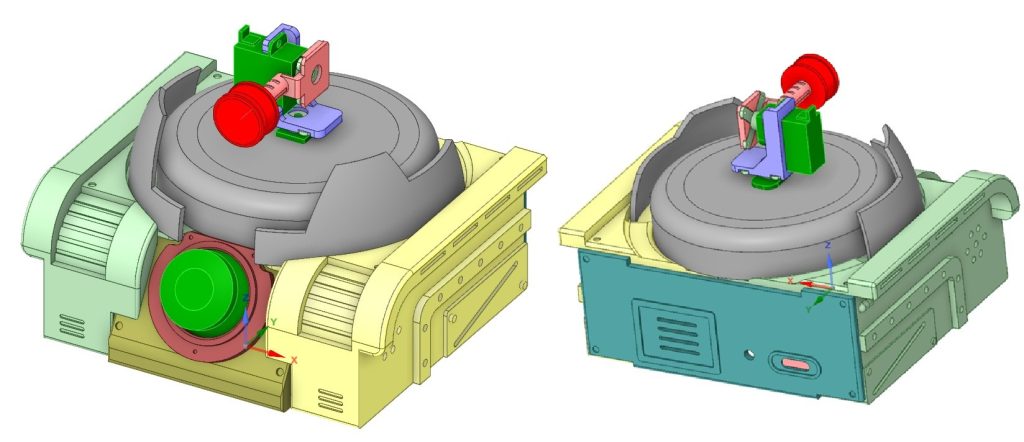 モノアイ駆動部分と台座部分は3D_CADで設計しました。いくつかのパーツに分けて3Dプリンタで出力します。