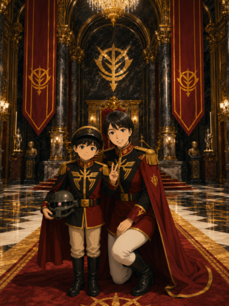 こちらも総帥と息子の一枚をAIによる画像処理ですありがとうはたして自分はいい父親だったのか…ガンプラまみれの父親だったのか？自問自答してしまいますね