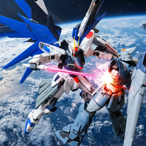 先々月にガンベ福岡で購入したMGフリーダムガンダム2.0の製作始めました。シード系の機体は製作初めてなんですが、滅茶苦茶格好良いし、ポージングもバシバシ決まるし言うことありませんね！こりゃ完成が楽しみ！ジェミニに写真の加工頼んだらいい感じにしてくれました😄（3枚目）