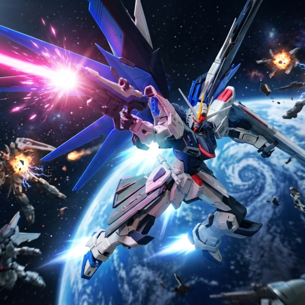 先々月にガンベ福岡で購入したMGフリーダムガンダム2.0の製作始めました。シード系の機体は製作初めてなんですが、滅茶苦茶格好良いし、ポージングもバシバシ決まるし言うことありませんね！こりゃ完成が楽しみ！ジェミニに写真の加工頼んだらいい感じにしてくれました😄（5枚目）