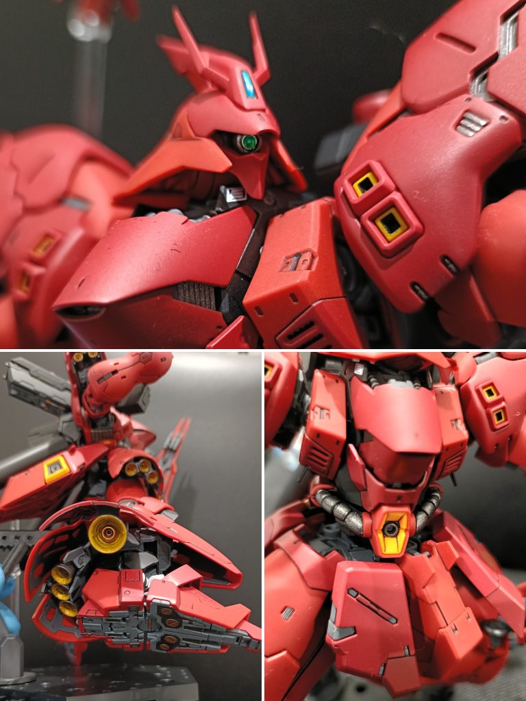 モノアイは小型化ICソケット、100均メタリックテープ、UVレジン、ジャンクのパイプで作成腰動力パイプはビルダーズパーツに置き換え装甲裏のディテールも塗り分け