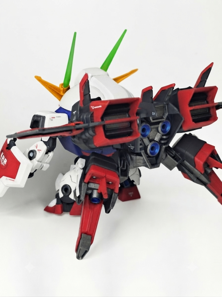 白…つや消しホワイト赤…モンザレッド青…ティターンズブルー黄…オレンジイエロー灰…ファントムグレー黒…ミッドナイトブルースターブライトアイアンとゴールドでポイント塗装、バーニア内部はメタリックブルーで塗り分けました。