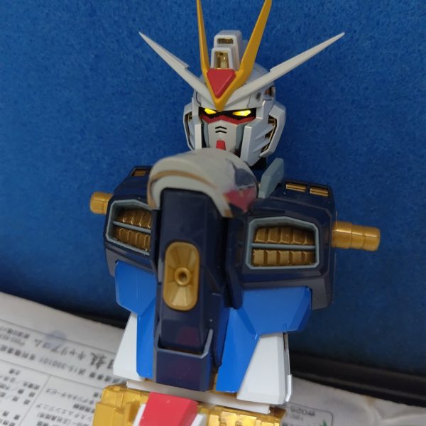 お安くGETしたジャンク品のPGストライクフリーダムを改修開始です♪あまりいじくり回すつもりはありませんが、まずはツインアイや胸カバーなどの形状変更から手を加えました♪（3枚目）