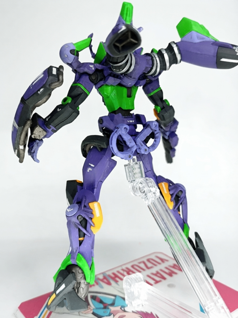 紫1…ダークパープル（エヴァカラー）紫2…パープルグレー（エヴァカラー）黄…ハイネオレンジ黒…ミッドナイトブルー緑…下地シルバー＋蛍光グリーンアクセントで焼鉄色とシルバーを使用。デカールは汎用のコーションデカールです。