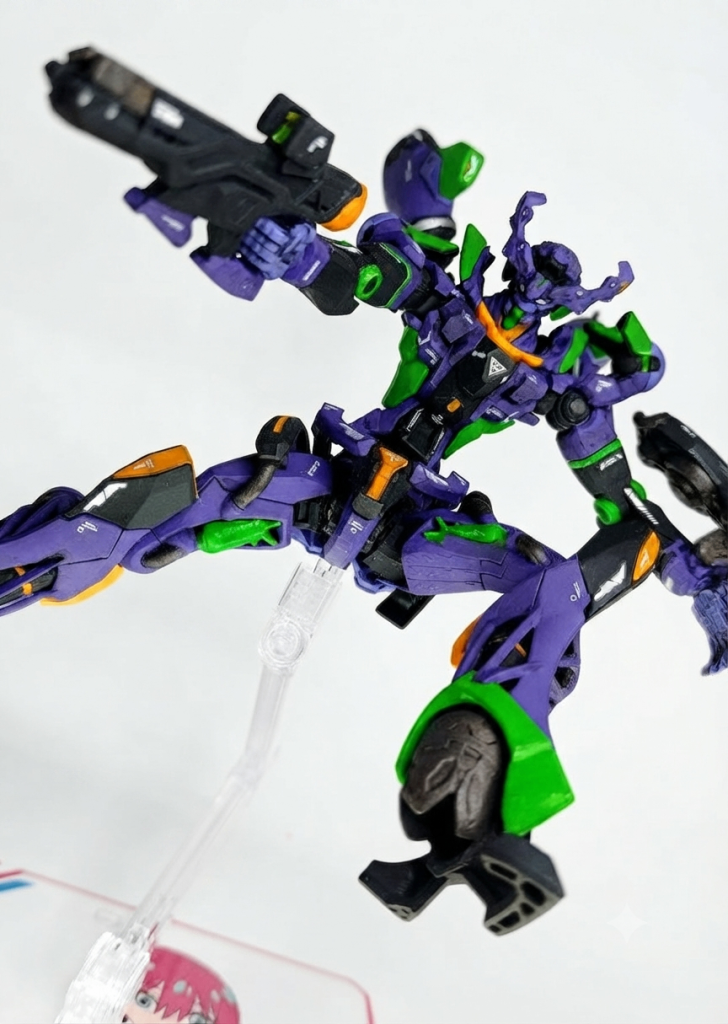 武装類も本体に合わせて塗装。センサーはラピ＋UVレジン。しかしこのキット、足回りの稼働が尋常じゃないです。こんなに大股開きが似合う機体もなかなかいない。