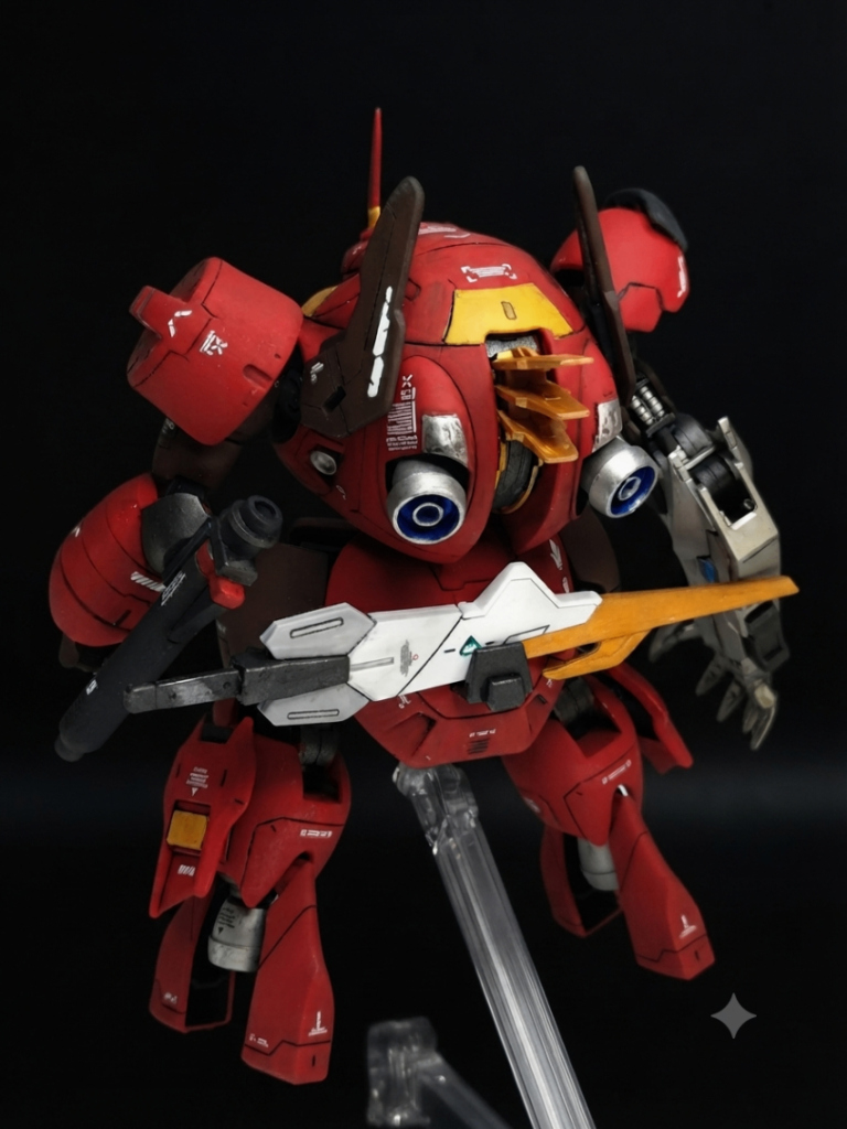 赤…モンザレッド黃…ハイネオレンジ茶…赤褐色黒…ミッドナイトブルー銀…SBジュラルミン金…SBゴールドフレームにはSBアイアンを使用、センサーはブルーのラピテープ。デカールは再販で手に入れた鉄血①と適当に貼り付けてます。