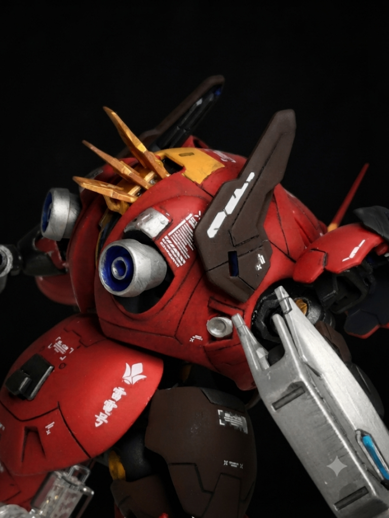 ここから悪ノリですね。エアリアルのガンビットをスラッシュハーケンと見立てて取り付け、フリーダム用のオプションパーツで追加スラスターぽく変更。バルバトスのサイドスカートも脚部装甲として軸付けしました。アンテナは3倍早く動ける願いを込めて付けました（笑）