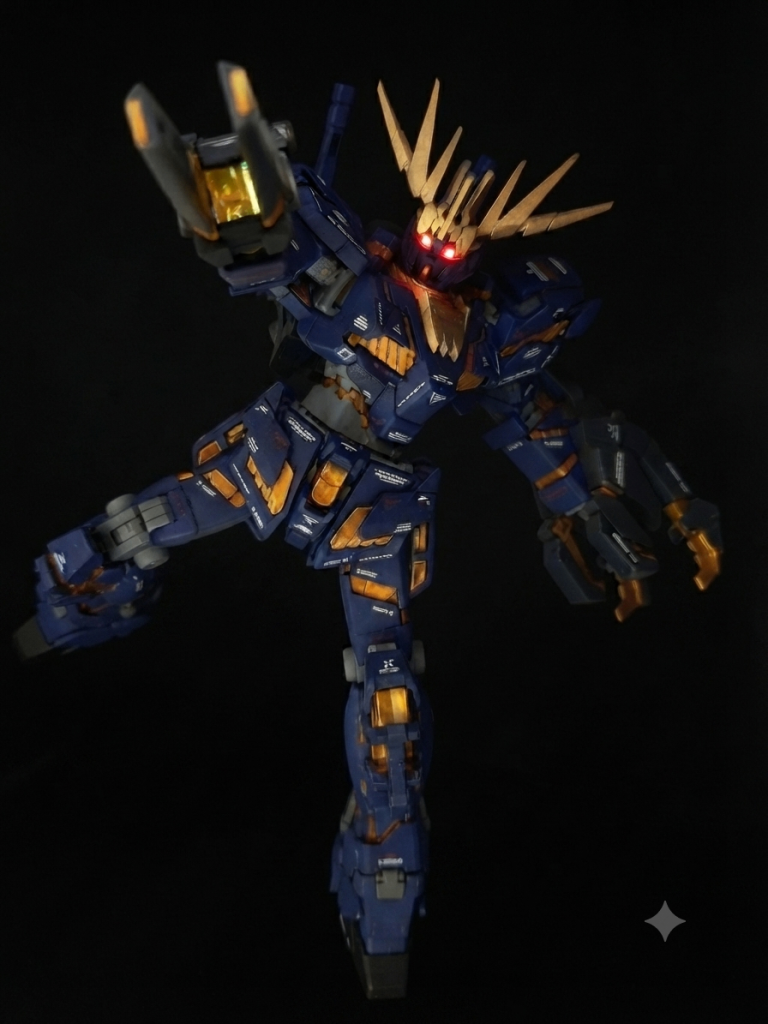 アームドアーマーBS追加武装としてメリハリをつけるために本体色ではなくジャーマングレーで仕上げてます。砲身サイド、砲身基部はつや消し仕上げ後にメタルシールの上にラピテープを貼り付けたので良い感じでギラつきます。