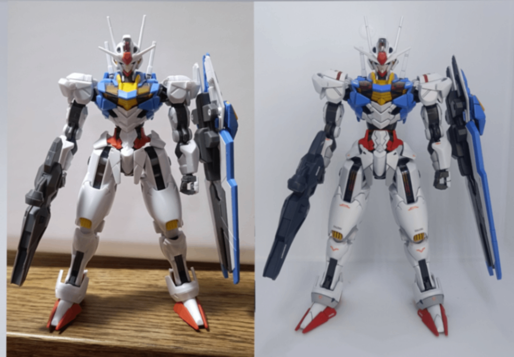 腰を２ミリ延長し、足の付け根のパーツを入れ替えて、腰サイドアーマーを少し下げました。素組みとの比較です。