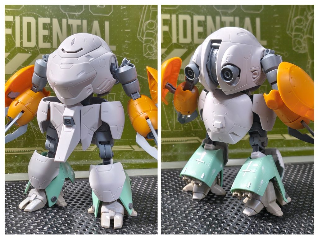 ロディとカプルは、ストレート組み接続には、カプルといっしょに箱に入ってたHGバウの何かのパーツ(笑)少しヤスった程度で、ロディの関節パーツに組み込めました。そのままだと、膝周りがスカスカだったので、ロディの余りパーツを付けてみました。