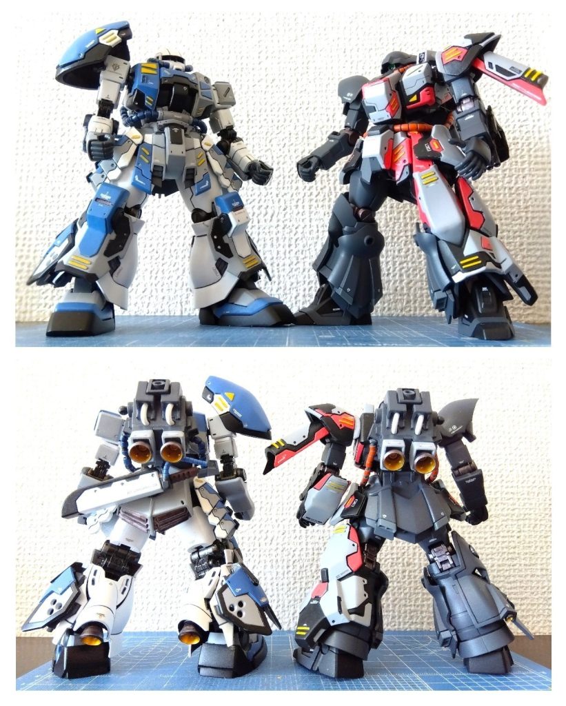 正面&背面今回の制作塗装テーマはアシンメトリー！ザクは左右で若干のディテールとカラーリングを変更、イフリートは片側のみアーマーをスクラッチしてみました☺️