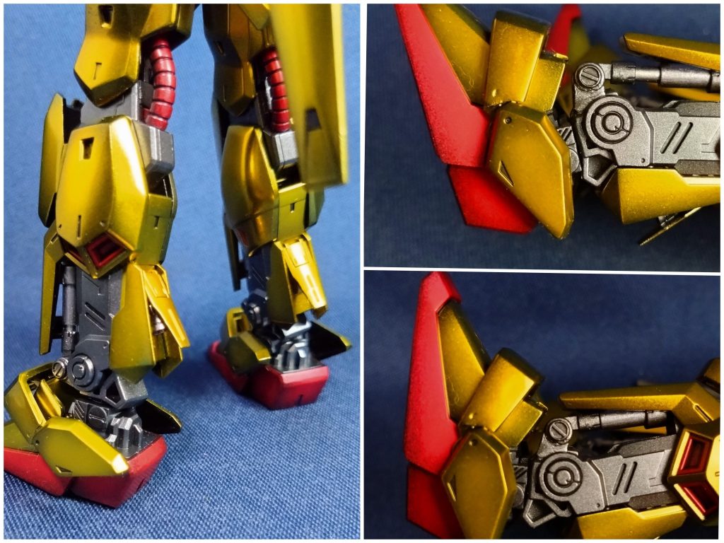 足回りは、 シリンダー部を可動式に工作、アンクルアーマーを分割しました。また、足首のポリキャップをカバーしてディテール追加。ふくらはぎにはスラスター追加