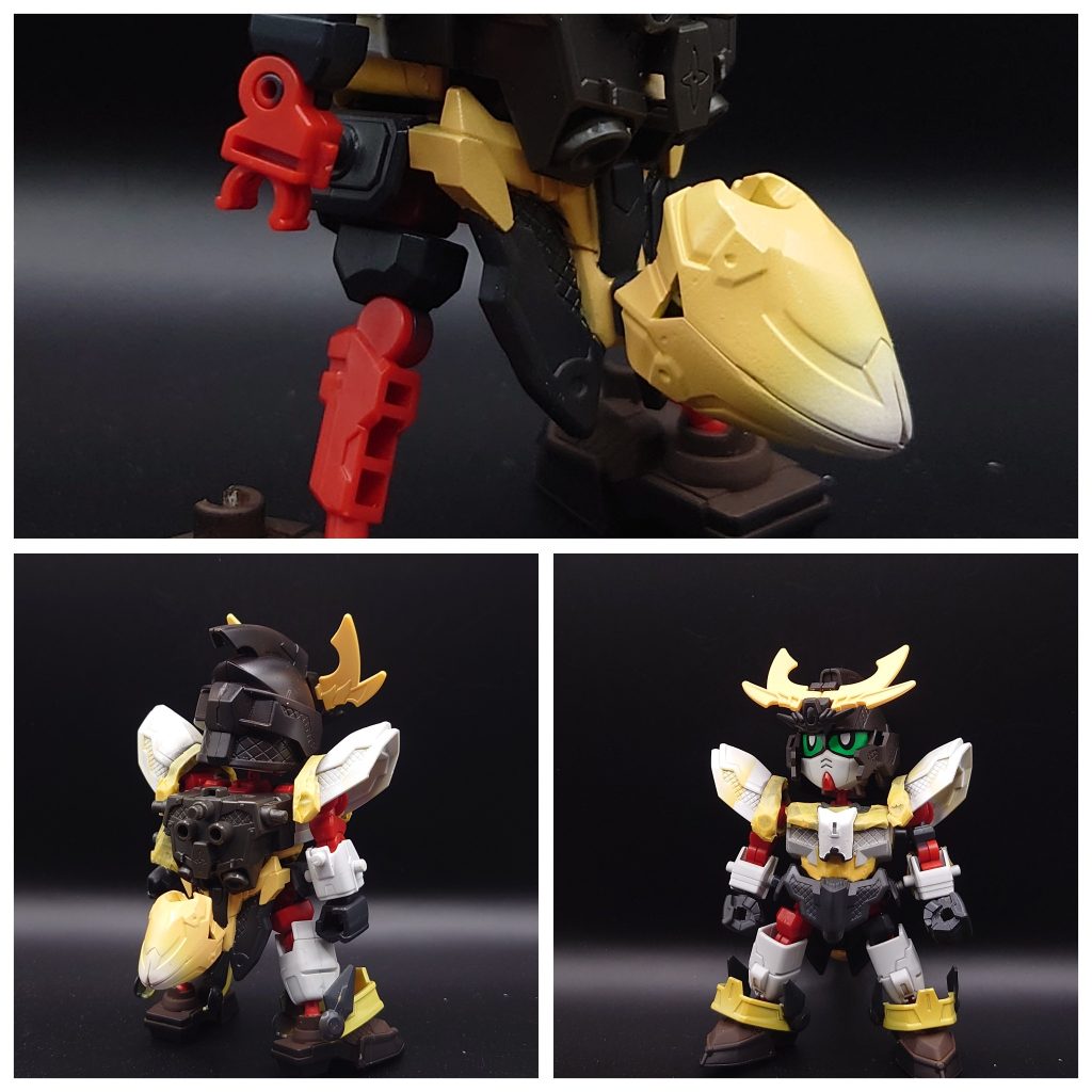 尻尾はピンバイスで3ミリを空けて「佐助デルタガンダム」の尻尾パーツを使用、接続はモビルスーツアンサンブルの『への字ジョイン』トを使いました。