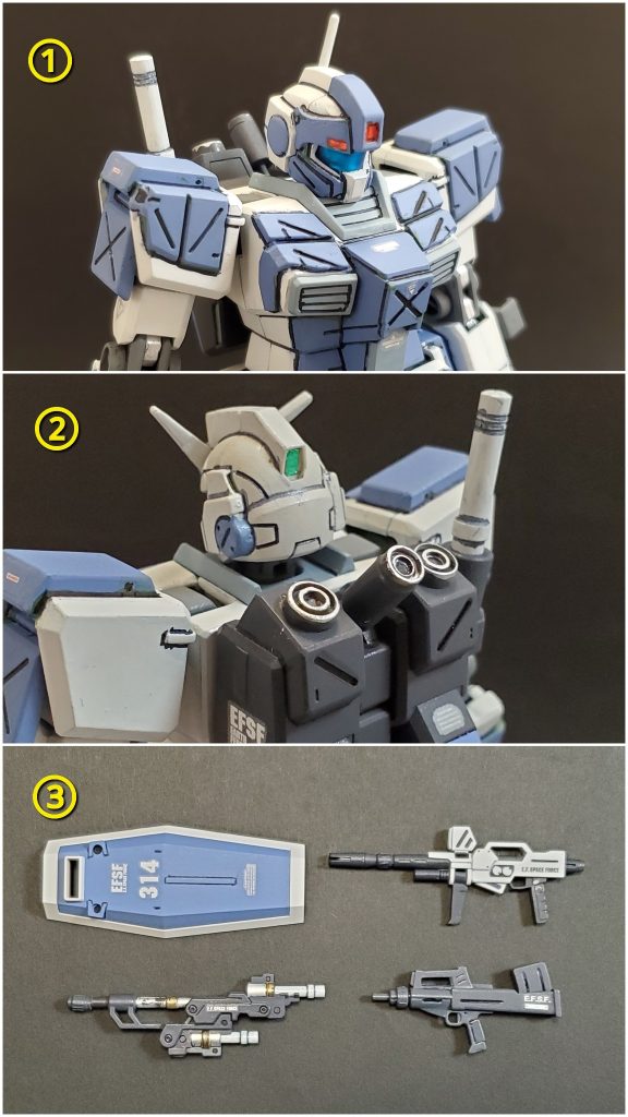 その他の製作ポイント～🤩✨①製作途中まではジムヘッドのつもりでいたので、バイザー付きヘッドも用意してました🤭🎵こちらのヘッドもチャンスがあれば何かに使いたいと思います👍️またガンダムヘッドはHGシリーズのいろんなガンダムヘッドを試着してみましたが、一番頭の大きさと首元がしっくりきた旧陸戦型ガンダムのヘッドを採用しました😎✨②ささやかですがバックパックに丸型スラスターを追加。③装備武器一覧です😎✨シールドはジム改、ビームライフルは陸戦型ガンダム、ブルパップマシンガンはジムコマンドより調達いたしました～🙌🎵ツインビームスピアは柄の部分を短くして片手持ちタイプにしてみました🤭🎵ちなみにストライカーの専用シールドは昨年製作しましたシイコのジム・ブラッドラインに使ったため有りません🤣💦