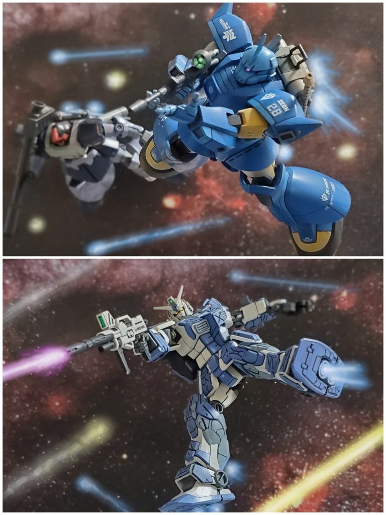 どうやら他にも宙域に潜んでいた別部隊がいたようだ。そして指揮官機と思われる機体は、最近前線で目撃されているジオンの新型MS‼️ライラ中尉は即座に各機に散開し応戦を命ずる。しかし、この部隊は先ほどのドム部隊と動きがまるで違う。これは紛れもなくエース部隊‼️数はこちらが上だが苦戦を強いられるライラ部隊。