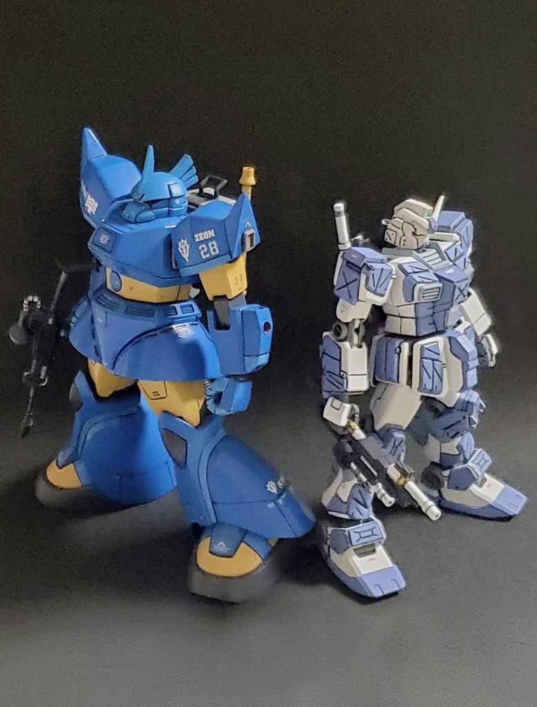 本日最後の一枚は、ストライカーGヘッドと久しぶりの登場となりましたゲルググS型、ロバート・ギリアム機とのツーショットです📸✨次回は節目となる100作品目の投稿‼️これまでのノウハウを全て？注ぎ込み、全力で製作したいと思います👊✨今回も妄想ダダ漏れ投稿に最後までお付き合い下さり誠にありがとうございました🙇☘️