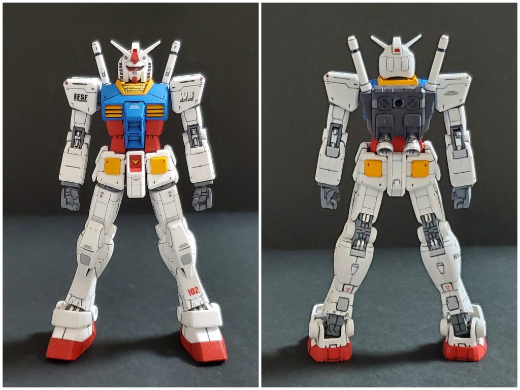 こちらは真正面と真背面となります😊🎶私のガンダム好きは小学4年生の時にリアルタイムでファーストを観た時から始まってます😔✨その後すぐに劇場版三部作が公開され、特にII哀・戦士、Ⅲめぐりあい宇宙では劇場が満員で立ち見で映画を観たのを今でも覚えています🤔✴️TV版とは違いガンキャノンが２機いたり、Gファイターがコア・ブースターに変更されたり、新作カットが多いⅢは私の心に強烈に刺さりました🏹✨そのため私の妄想イメージの根底には常にファーストガンダムが今も生き生きと存在し、この50オーバーのガンプラおっさんを支え続けています😌それ故、今回はその想いを形にしたくて『原点回帰』という事でガンダム２号機を作った次第です😎👍️