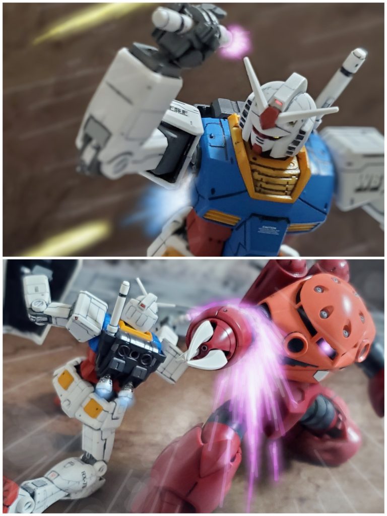 かつてはその猛攻を受け止めるだけで精一杯だったアムロ・レイ。だが歴戦のパイロット達との戦いを経て成長し、赤いMSを相手に互角の戦闘を繰り広げる。そしてアムロのガンダム２号機は、シャアの猛攻を躱し、ビームサーベルを抜き、すれ違いざまの近接戦闘の中、ついに赤いMSの右腕を切り落とす‼️片腕を失った赤い彗星は地形を利用し巧みに逃走。ジャブローから、その姿を消すのであった…。こうしてジャブロー宇宙船ドックを狙ったジオン軍の襲撃は目的を果たせぬまま、失敗に終わるのであった…。