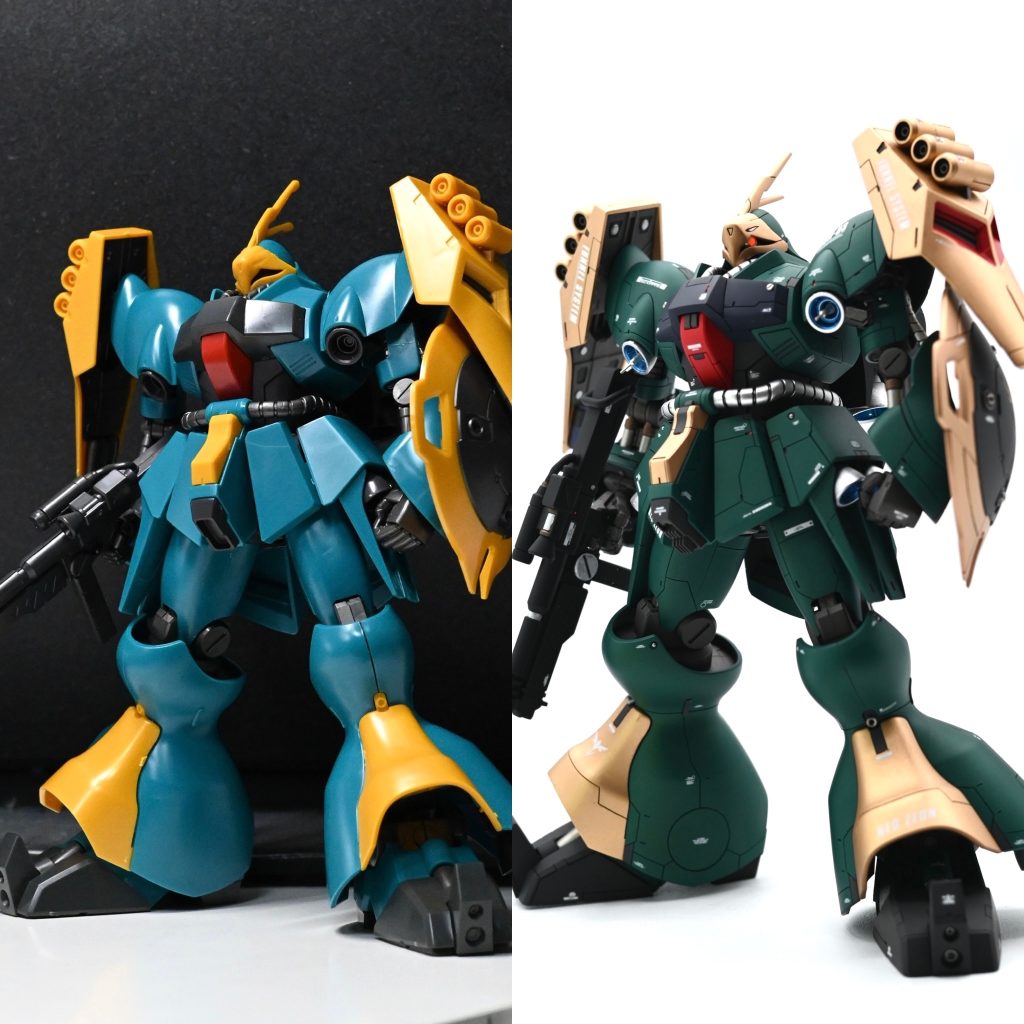 ビフォーアフター。整形色や原作などからするとだいぶ深い緑に仕上がっています。重厚さや高級感を出したかったので、これはこれで、今自分ができる最善解であったと思っています。